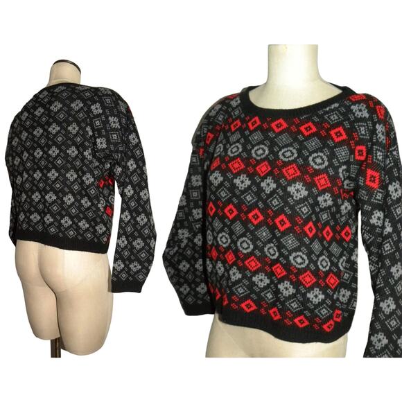 80s Cropped Sweater | Black Red Pattern Boxy Crop Fit | YOU BABES | Fits Small - Picture 1 of 8